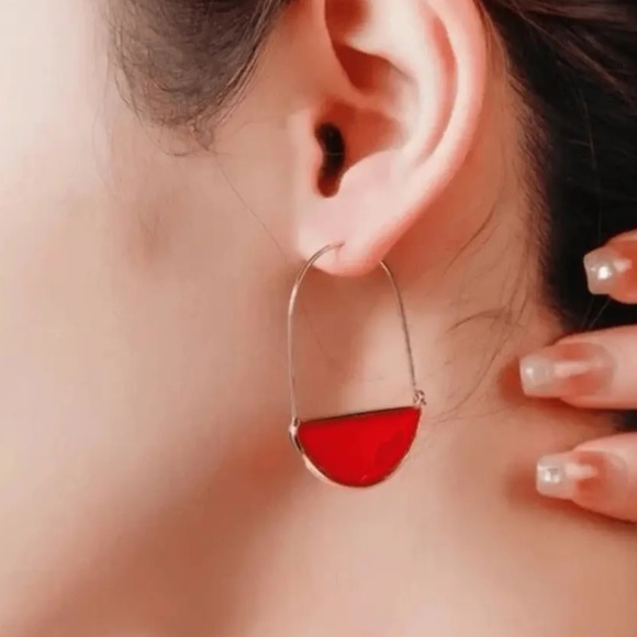 Red & Goldtone Half-Round Hoop Water Drop Retro Festival, Bohemian Earrings - Picture 2 of 4